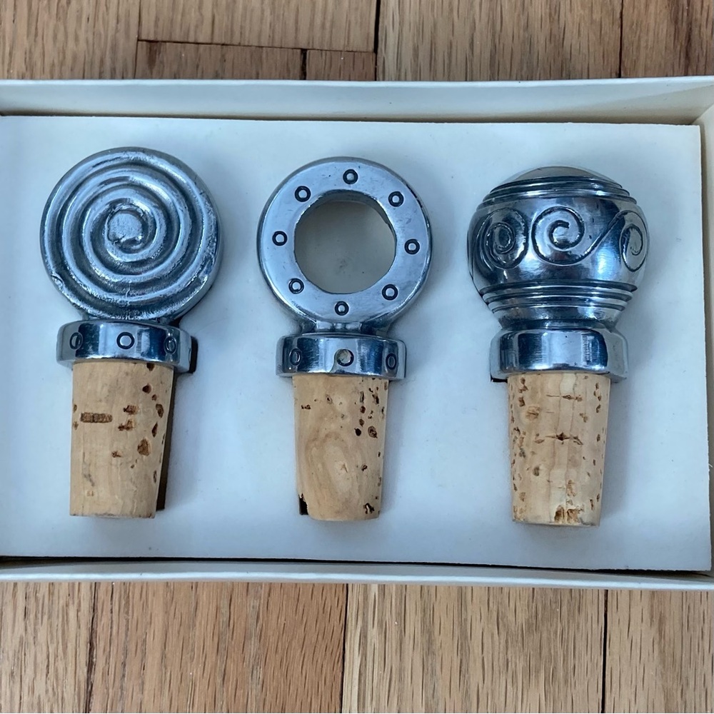NWT Pier 1 Aluminum and Cork Boxed Bottle Stopper Set of 3